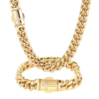 China Hiphop 12mm Solid 14k Gold Real Iced Out Bling Cuban Diamond Stainless Steel Women Link Chain Necklace Choker Bracelet VVS With Cross for sale