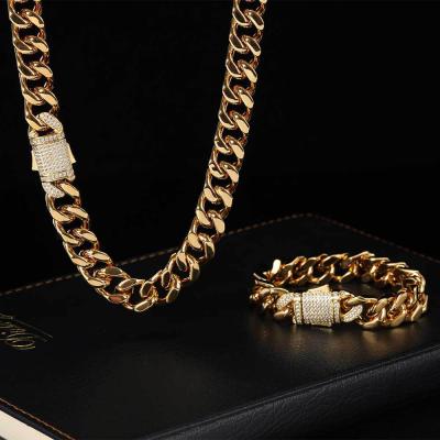 China Hiphop 12mm Gold Personalized 24k Rhinestone Spring Clasp Hip Bling Bling Iced Out Cuban Link Chain Necklace Bracelet Jewelry Miami for sale