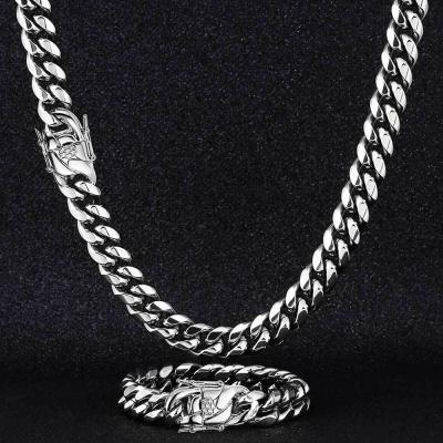 China Custom Mens Womens Wide Hiphop 6-14mm Rainbow 316l Stainless Steel Silver Heavy Restriction Miami Gold Cuban Chain Necklaces Bracelet Set for sale