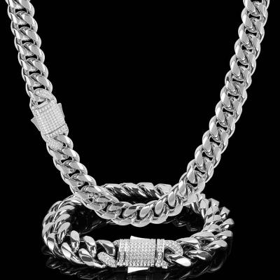 China Hiphop 10mm Iced Out CZ Box Spring Clasp 18k Gold Stainless Steel Heavy Restriction Dog Chains Cuban Link Anklet Necklace Bracelet Set for sale