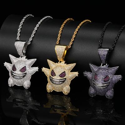 China Hiphop Hip Hop Purple Black Gengar CZ Jewelry Pocket Elf Cubic Zircon Copper Pendant Necklace Iced Out Chain Men Gift for sale