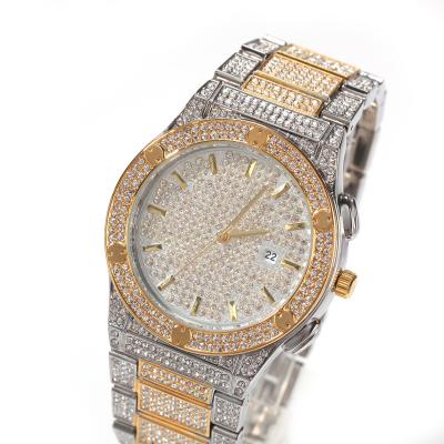 China Brand automatic top luxury gold date men's ladies square women's hip hop diamond bling bling full fake iced out CZ quartz watch set relojes for sale