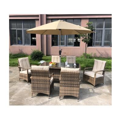 China Modern 7pcs Pieces Outdoor Warm Aluminum PE Metal Garden Rattan Table Chair Wicker Sofa Set For Lawn, Patio With Umbrella for sale