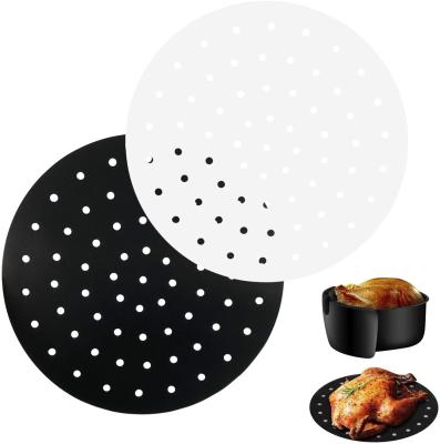 China Food Grade Safe Material, High Temperature Resistant Non-Stick PTFE 8 Inch Black Round Air Fryer Mat With Silicone Scoops 6-9 Inch Or Customized for sale