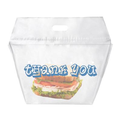 China Plastic Clear Custom Printing ANTI-STATIC Thank You Restaurant Tamper Evident To Go Delivery Carry Out Food Service Bags Spirit Die Cut Bag for sale