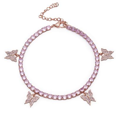 China New Design Crystal Butterfly Anklet Fashion Stainless Steel Pink Color Tennis Chain Anklet for sale