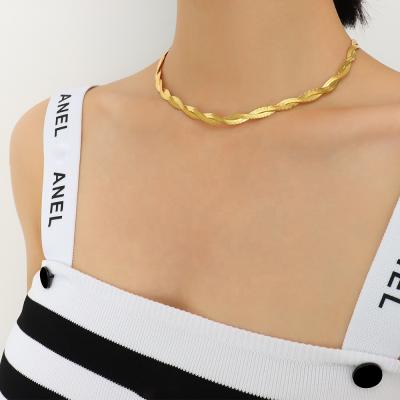 China CLASSIC Trendy Twisted Stainless Steel Double Layer Gold Plated Snake Fishbone Chain Necklace for sale