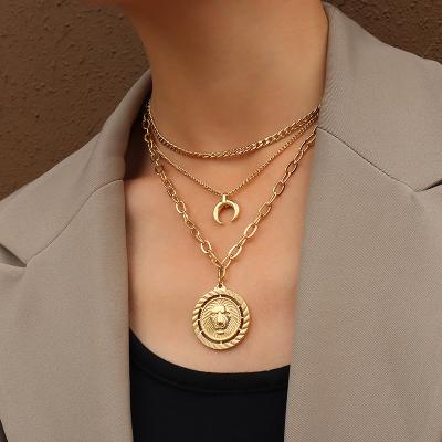 China 2021 New Design Waterproof Delicate 18K Gold Plated Three Layer Moon Chain Multi Layer Necklace Chain For Women Sweater for sale