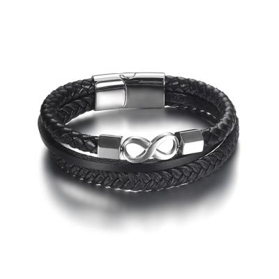 China 2021 CLASSIC fashionable men wholesale stainless steel infinity charm braided real leather bangle bracelet for sale