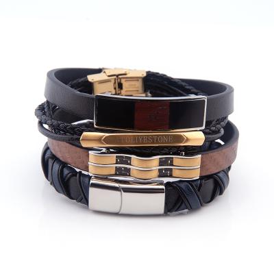 China Wholesale Custom CLASSIC Men's Bracelet Multilayer Stainless Steel Leather Bangle Black for sale