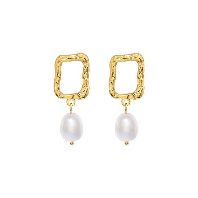 China Vintage Baroque Irregular Geometric Stainless Steel Gold Plated Freshwater Pearl Drop Earrings For Women for sale