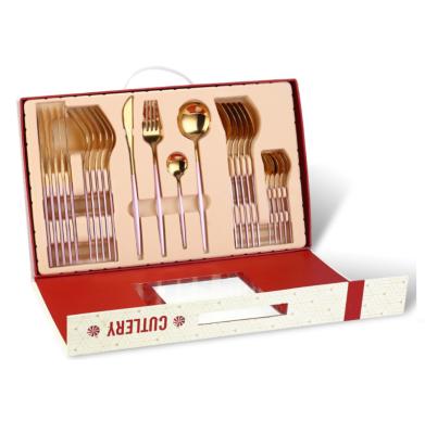 China Amazon Gold 24pcs Gold Stainless Steel Flatware Set Viable Gift Box Viable Hot Selling Light Luxury Flatware Sets for sale