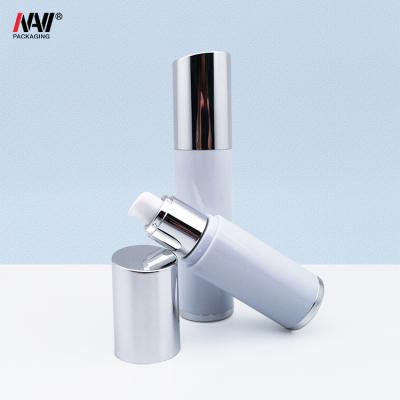 China 35ml 50ml 100ml White Airless Cosmetics Lotion Serum Pump Bottle With Pump Spray With Silver Plated Slant Cover for sale