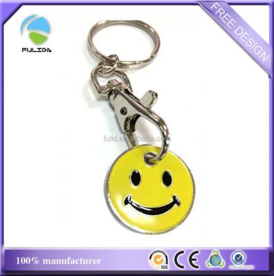 China Metal Supermarket Supplies Enamel Yellow Smiley Metal Trolley Coin Keychain for sale