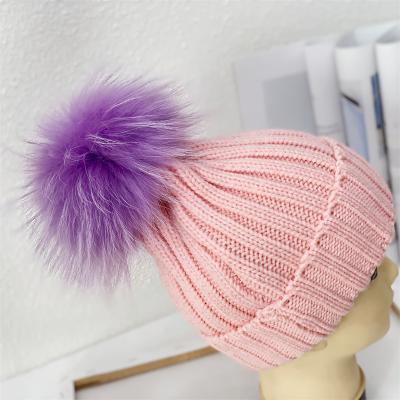 China Wholesale fashion fashion hat with colorful real raccoon fur pompom knitted adult and children hats winter for sale