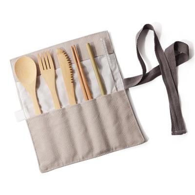 China Eco Friendly Custom Bamboo Travel Utensils Reusable Logo Bamboo Cutlery Set With Canvas Bag for sale