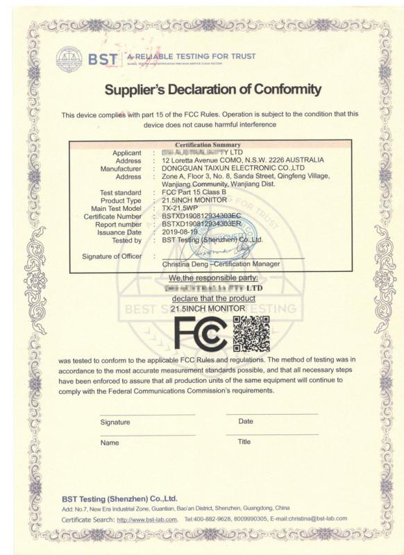 FCC - Dongguan Taixun Electronic Technology Co., Ltd.