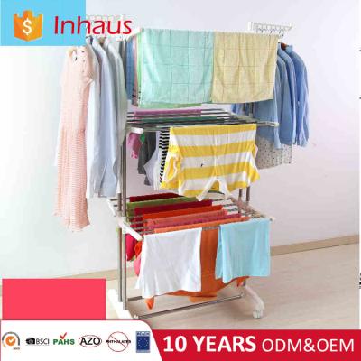 China Eco-friendly Laundry Three Layers Stainless Steel Cloth Rack Standing Movable Folding Clothes Drying Rack for sale