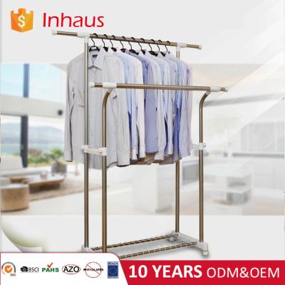 China Stainless Steel Double Pole Adjustable Height Foldable Clothes Hanger With Shelf for sale