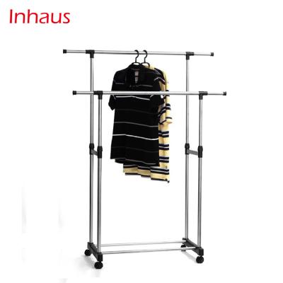 China Adjustable Double Pipe Cloth Pole Hanger, Portable Stainless Steel Clothes Pole Hanger, Expandable Garment Rack on Wheels for sale