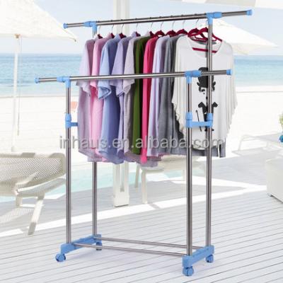 China Adjustable Double Rail Telescopic Clothes Stand Heavy Duty Stainless Steel Laundry Drying Rack Adjustable Garment Rack Supplier for sale