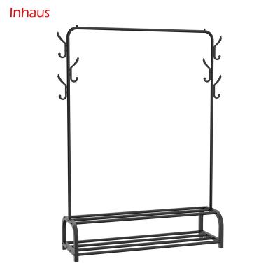 China Freestanding Metal Hanger Clothes Rail Garment Rack with 2-Tier Shelves for Boxes Shoes and 6 Side Hooks for sale