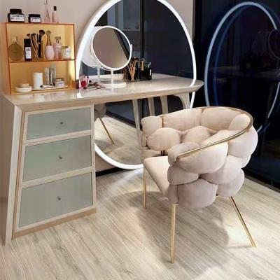 China Cooling Nordic Gold Velvet Stainless Steel Beige Tufted Leg Minimalist Dining Chair Make Up Chair for sale