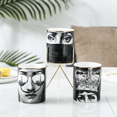 China Art Unique Fashion Design Modern Human Face 12oz Empty Ceramic Candle Container Cup Candle Jar Holder With Gold Holder for sale