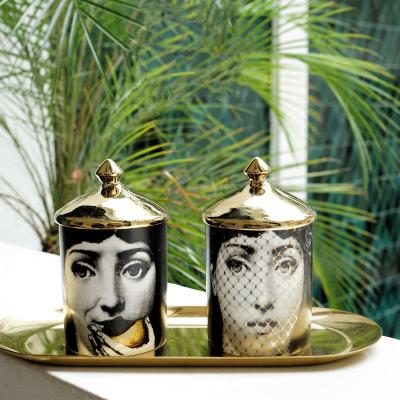 China Fashion gold human face design 10oz empty ceramic candle jar container cup dome luxury unique porcelain holder with lid for sale