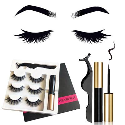 China Wholesale Lightweight 3 Pair False Lashes Sets Natural Black Fiber Magnetic Eyelashes With Eyeliner Wick Makeup for sale