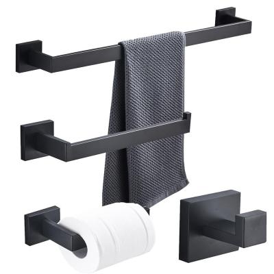 China Sustainable Hotel Modern Wall Mounted Paper Holder Four Piece Set Stainless Steel Matte Black Toilet Bathroom Accessories for sale