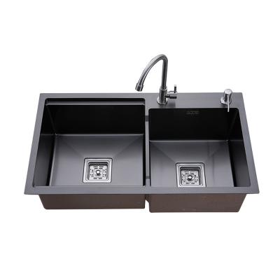 China Without Faucet Double Bowl Brushed Satin Stainless Steel Black Handmade Kitchen Drop-In Double Kitchen Sink for sale