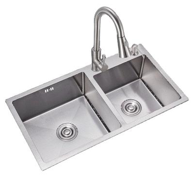 China Without Faucet Factory Price 304 Stainless Steel Double Bowls Satin Surface Cheap Handmade Kitchen Sink With Drainer for sale