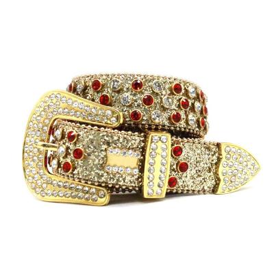 China Cowhide Designer Pu Leather Fur Waist Belts Flower Alloy Metal Western Buckle Studded Rhinestone Belt For Men for sale