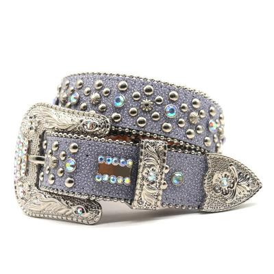 China Luxury Designer Bling Bling Cowhide Belt Studded Cowboy Rhinestone Belt Men Diamond Skull Buckles Pu Leather for sale