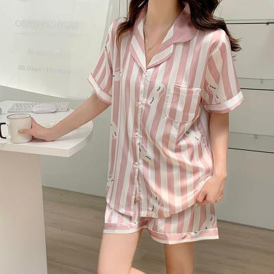 China New summer new QUICK DRY striped ice silk cardigan short sleeved sleeving clothes can be worn outside women's two-piece pajamas for sale