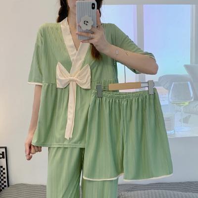 China New QUICK DRY summer mine stripe three piece set cardigan thin soft simple loose women's pajamas for sale