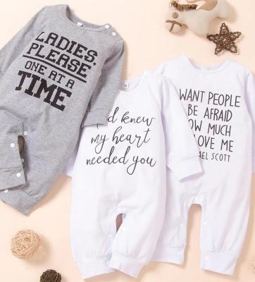 China 100%Cotton Rompers Baby Basic Cotton Gray White Beige Letter Print Long Sleeve for sale