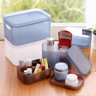 China Multi Color Stackable Plastic Cosmetic Desk Organizer Stocked Makeup Storage Box With Lid for sale