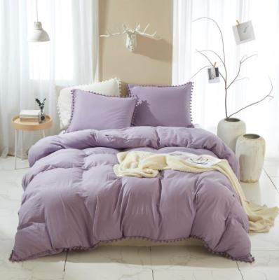 China Non-Toxic Purple Pompom Bedding Sheet Sets With Cozy Ball Microfiber Fabric Washed Decorative Queen King Duvet Cover Pillowcase for sale