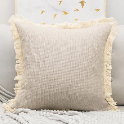 China Gray cotton plaid ACORN tassels cushion canvas cover with tassel decoration sofa bohome pillowcase for sale