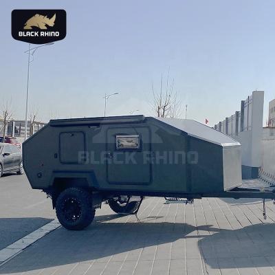 China Gray Colored Outside Off Road Dark Lightweight Mini Trailer Camper With Pop Up Side Sunshade for sale