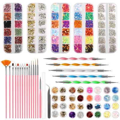 China nail art kit with 15x rhinestones 32 decorations brush 5 stick 5box tweezers NAK005 Nak005 foil dotting strip and 1 gem picker for sale