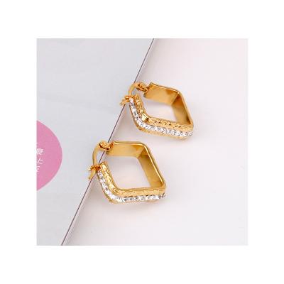 China Trendy Elegant Charm Gold Color Plated Stainless Steel Square Rhinestone Circle Earring For Women Or Girl for sale