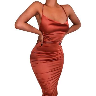 China Washable Straps Tie Mini Satin Dress Women Sexy Bandage Bodycon Backless Cross Dress Pleated Stretch Club Party Long Dress for sale