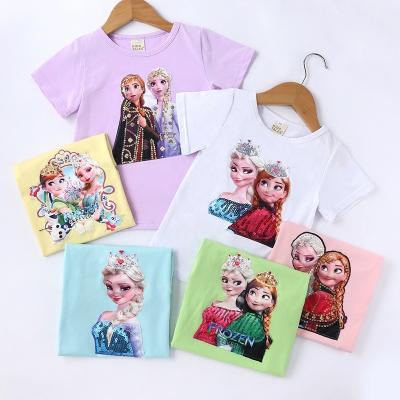 China Custom Made Sleeve Breathable Kids Shorts Summer Cotton T-shirt Printing Kids Elsa Anna Pattern Clothing Causal Tops for sale