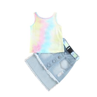 China Fashion Tie Dye Eco-friendly Washable Breathable Kids Outfits Vintage Vest + Denim Dress Clothes Set For Girls for sale