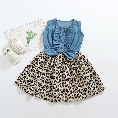 China New fashion breathable summer style bow tie denim leopard print stitched skirt for girls' dresses for sale