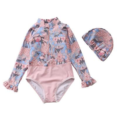 China Wholesale Breathable Long Sleeve Sunscreen Floral Print Swimwear Children Girls Swimwear One Piece Swimwear for sale