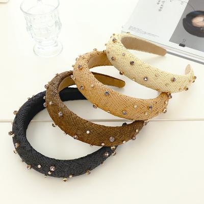 China New Raffia Crystal Headband Sponge Hairbands Handmade Padded Straw Headbands Fashion Wholesale Ins Summer Hair Accessories RARA for sale